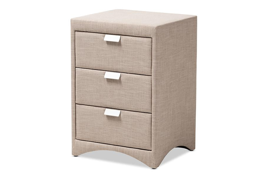 Baxton Studio Talia Modern and Contemporary Beige Fabric Upholstered 3-Drawer Nightstand