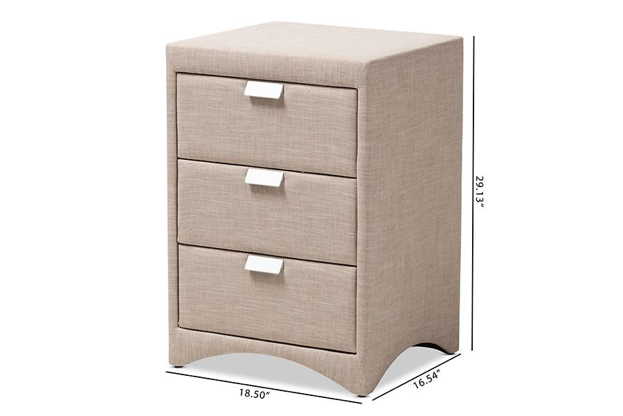 Baxton Studio Talia Modern and Contemporary Beige Fabric Upholstered 3-Drawer Nightstand