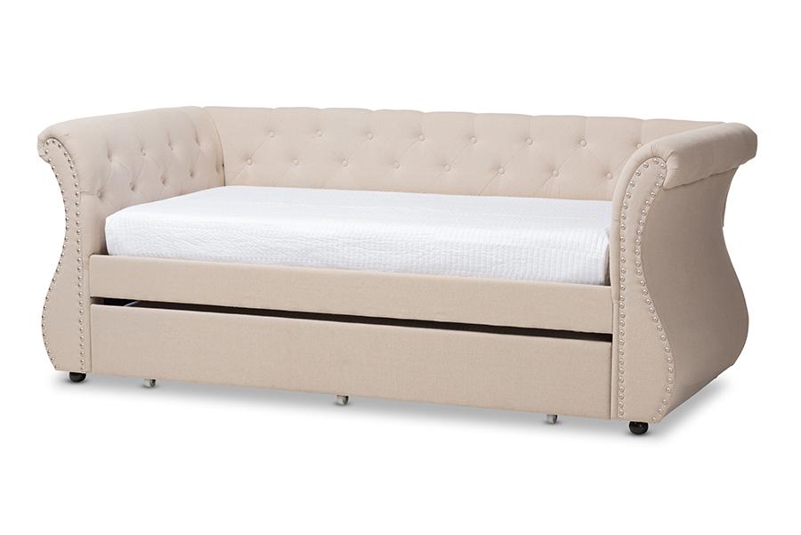 Baxton Studio Cherine Classic and Contemporary Beige Fabric Upholstered Daybed with Trundle