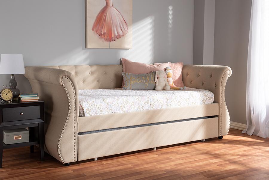 Baxton Studio Cherine Classic and Contemporary Beige Fabric Upholstered Daybed with Trundle