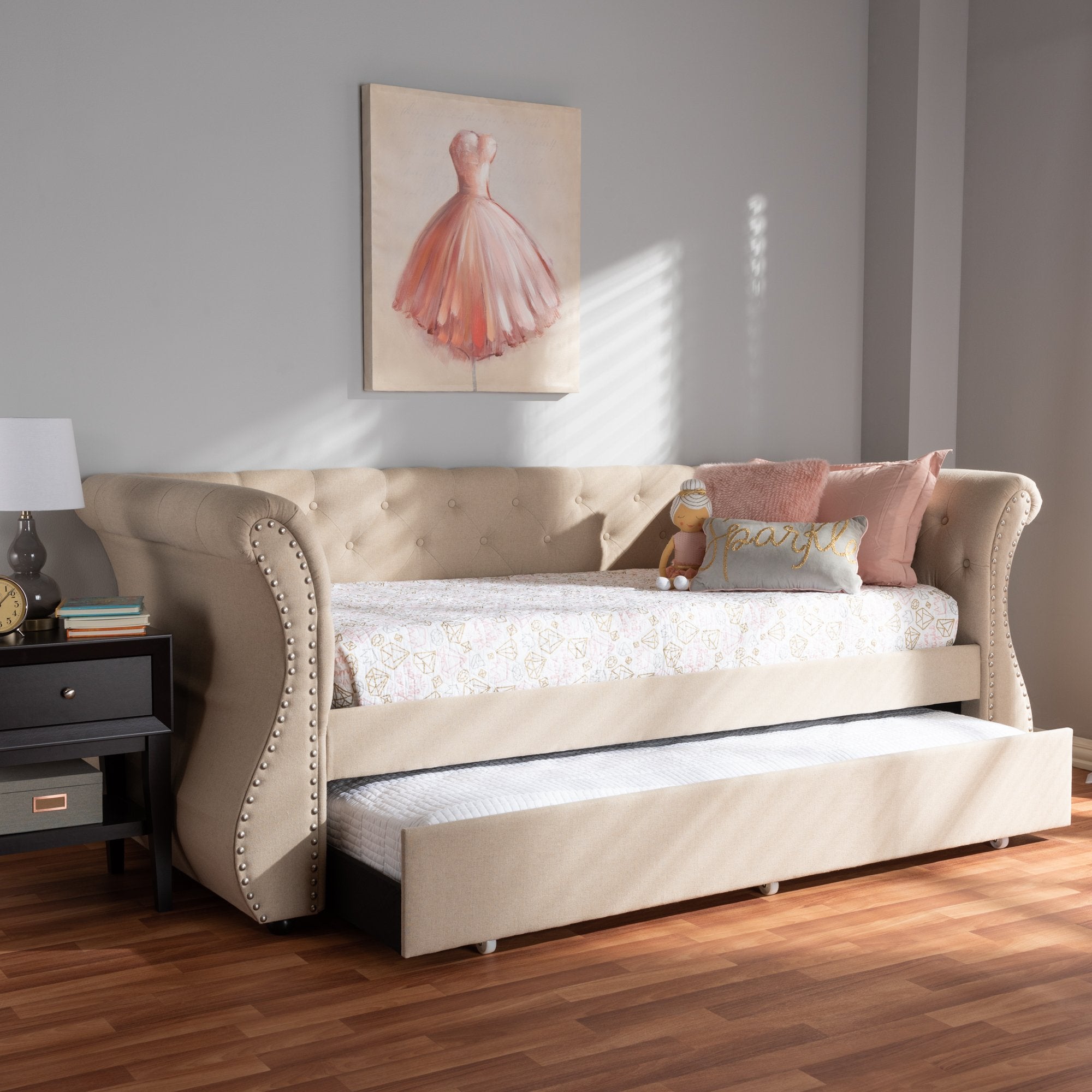 Baxton Studio Cherine Classic and Contemporary Beige Fabric Upholstered Daybed with Trundle