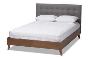 Baxton Studio Alinia Mid-century Retro Modern Grey Fabric Upholstered Walnut Wood King Size Platform Bed