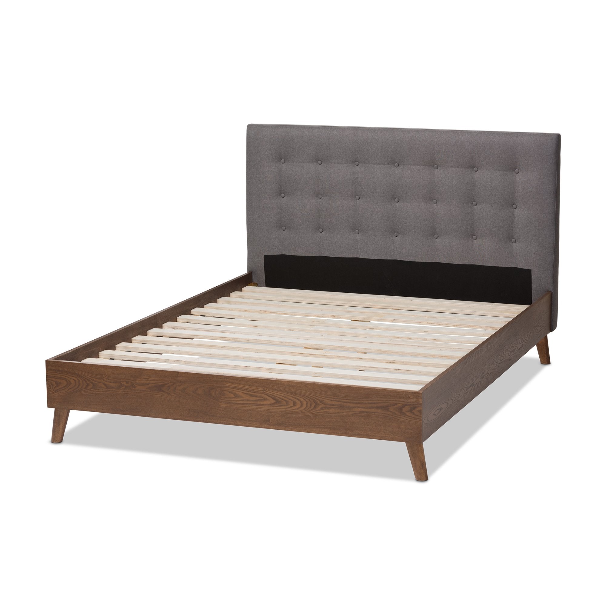 Baxton Studio Alinia Mid-century Retro Modern Grey Fabric Upholstered Walnut Wood King Size Platform Bed