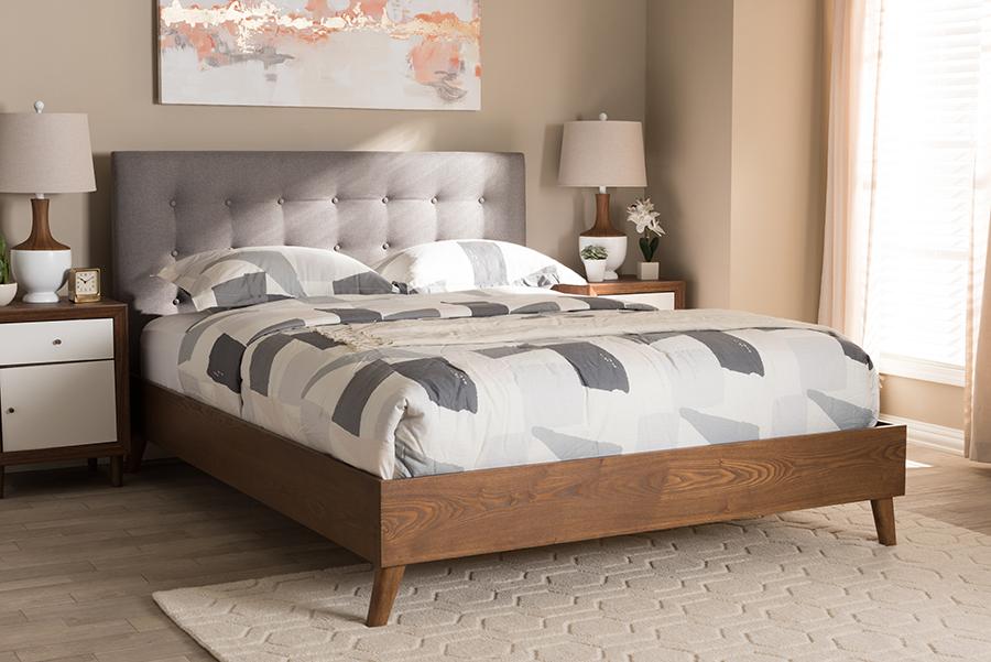 Baxton Studio Alinia Mid-century Retro Modern Grey Fabric Upholstered Walnut Wood King Size Platform Bed