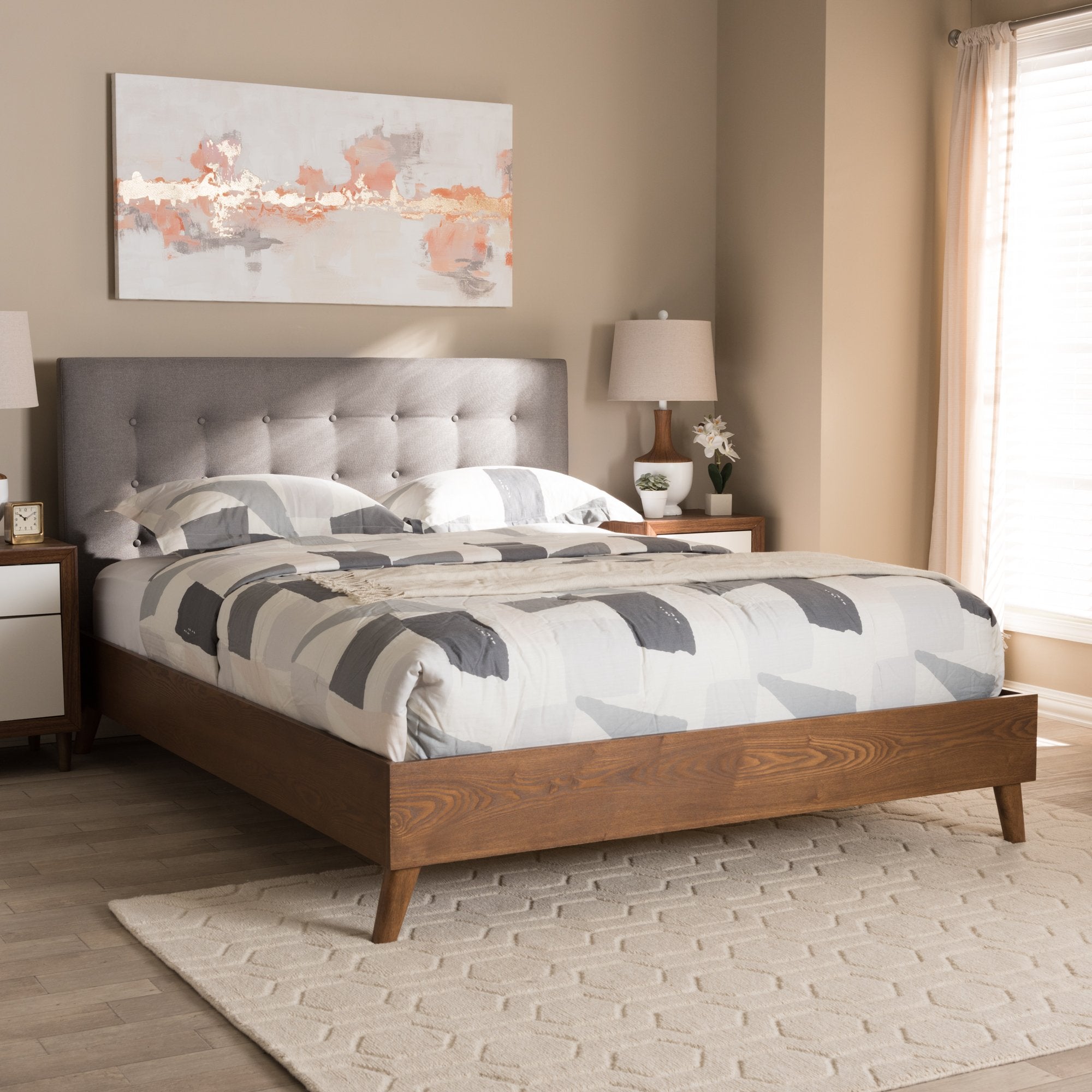 Baxton Studio Alinia Mid-century Retro Modern Grey Fabric Upholstered Walnut Wood King Size Platform Bed