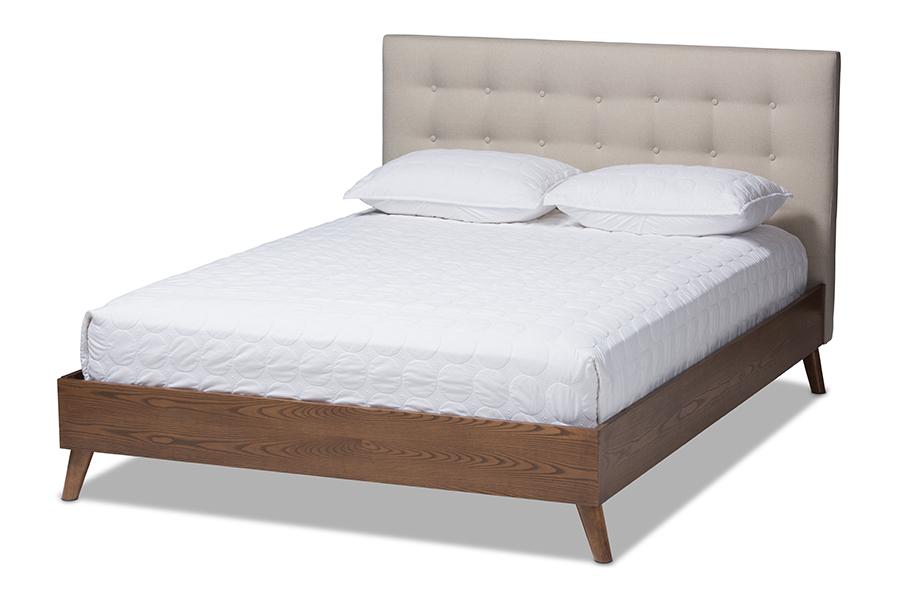 Baxton Studio Alinia Mid-century Retro Modern Light Beige Fabric Upholstered Walnut Wood King Size Platform Bed