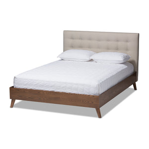 Baxton Studio Alinia Mid-century Retro Modern Light Beige Fabric Upholstered Walnut Wood King Size Platform Bed