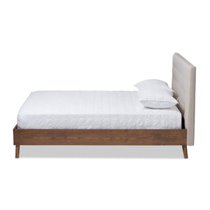 Baxton Studio Alinia Mid-century Retro Modern Light Beige Fabric Upholstered Walnut Wood King Size Platform Bed