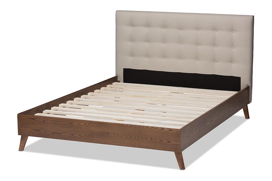 Baxton Studio Alinia Mid-century Retro Modern Light Beige Fabric Upholstered Walnut Wood King Size Platform Bed