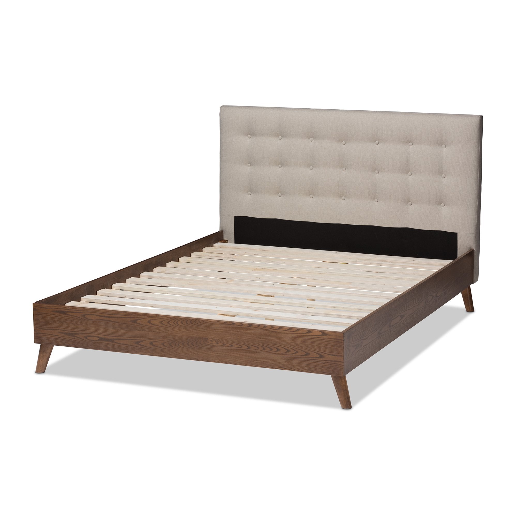 Baxton Studio Alinia Mid-century Retro Modern Light Beige Fabric Upholstered Walnut Wood King Size Platform Bed