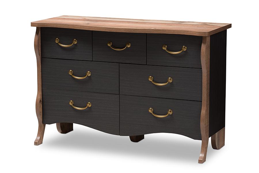 Baxton Studio Romilly Country Cottage Farmhouse Black and Oak-Finished Wood 7-Drawer Dresser