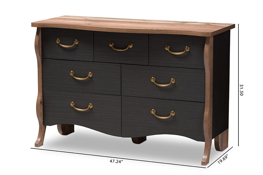 Baxton Studio Romilly Country Cottage Farmhouse Black and Oak-Finished Wood 7-Drawer Dresser