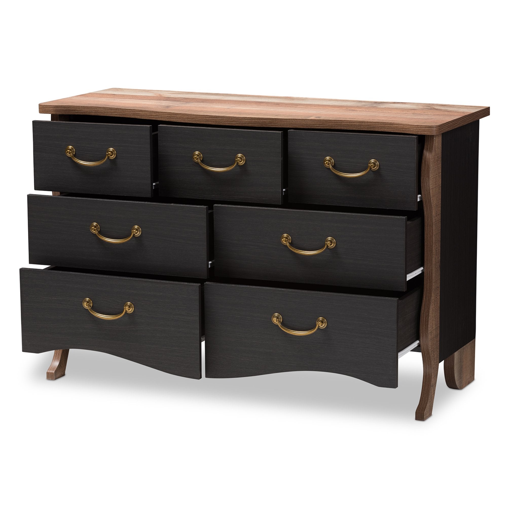 Baxton Studio Romilly Country Cottage Farmhouse Black and Oak-Finished Wood 7-Drawer Dresser