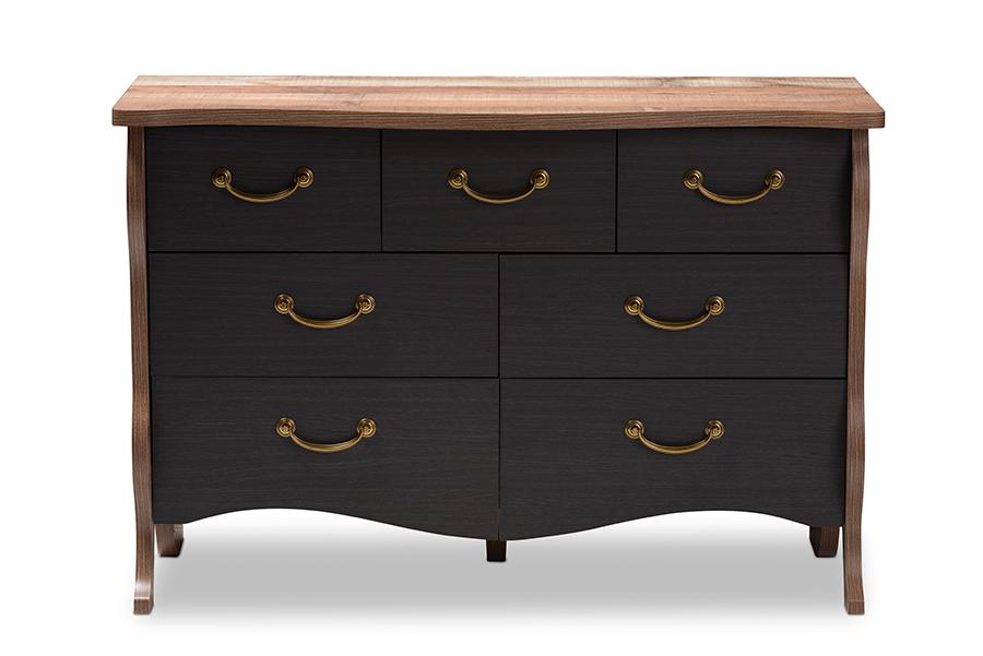 Baxton Studio Romilly Country Cottage Farmhouse Black and Oak-Finished Wood 7-Drawer Dresser