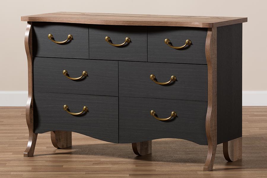 Baxton Studio Romilly Country Cottage Farmhouse Black and Oak-Finished Wood 7-Drawer Dresser