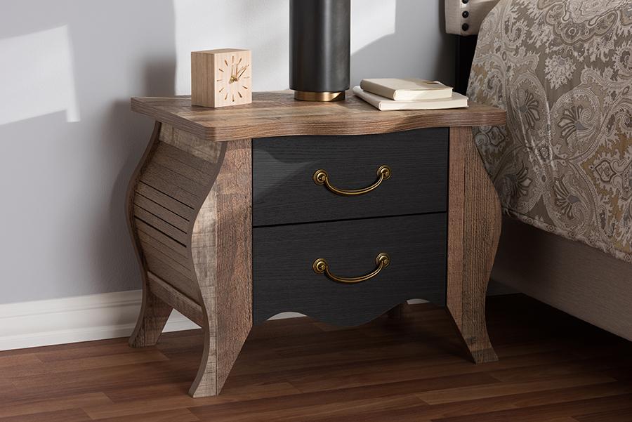 Baxton Studio Romilly Country Cottage Farmhouse Black and Oak-Finished Wood 2-Drawer Nightstand