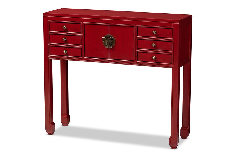 Baxton Studio Melodie Classic and Antique Red Finished Wood Bronze Finished Accents 6-Drawer Console Table