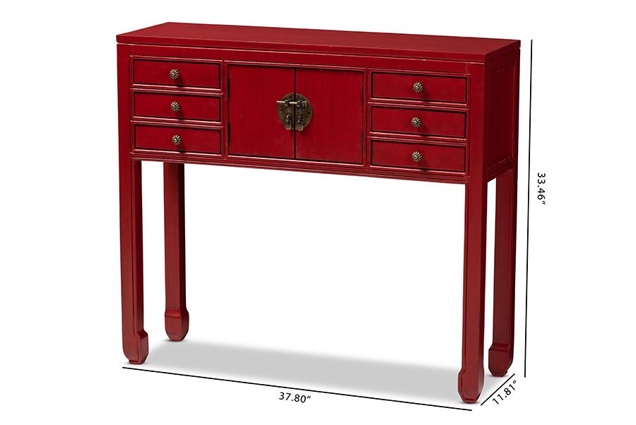 Baxton Studio Melodie Classic and Antique Red Finished Wood Bronze Finished Accents 6-Drawer Console Table