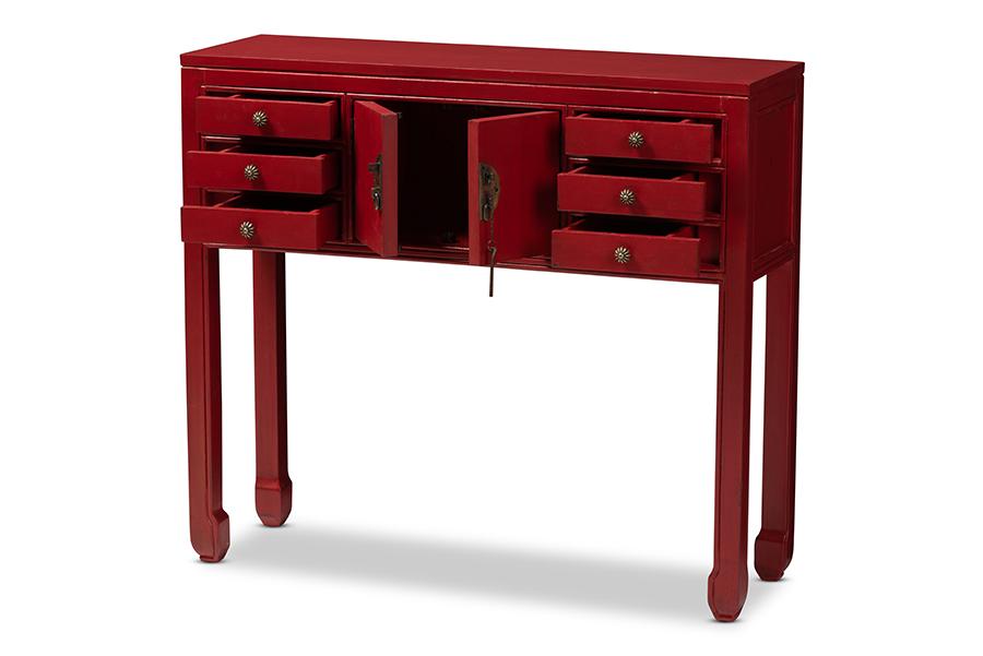 Baxton Studio Melodie Classic and Antique Red Finished Wood Bronze Finished Accents 6-Drawer Console Table