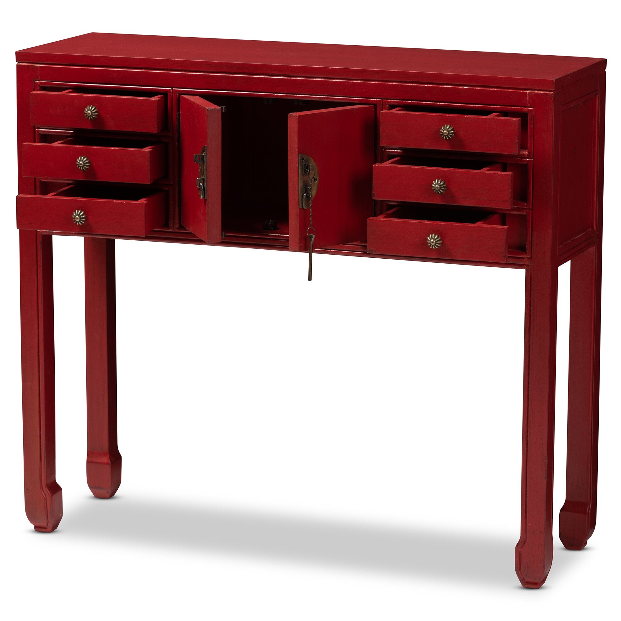 Baxton Studio Melodie Classic and Antique Red Finished Wood Bronze Finished Accents 6-Drawer Console Table