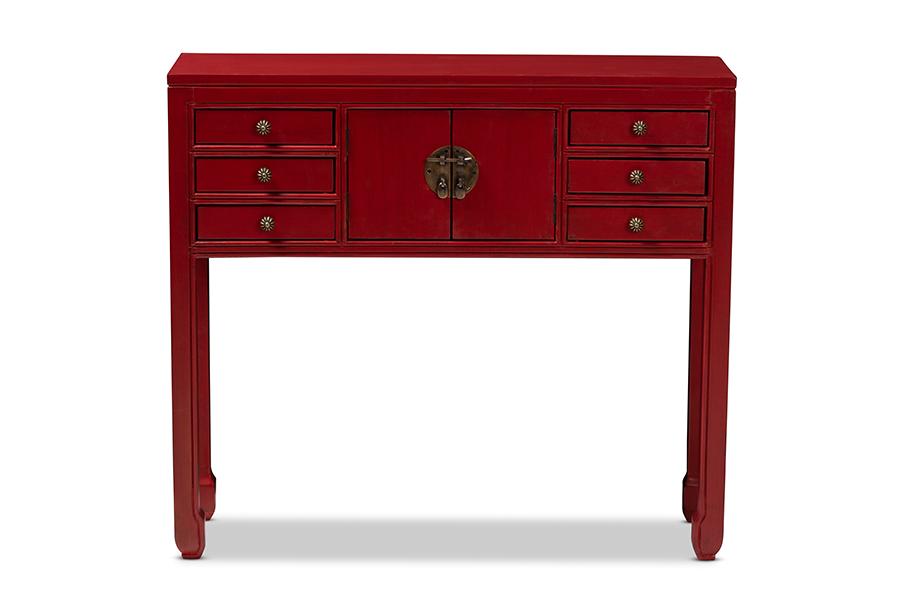 Baxton Studio Melodie Classic and Antique Red Finished Wood Bronze Finished Accents 6-Drawer Console Table