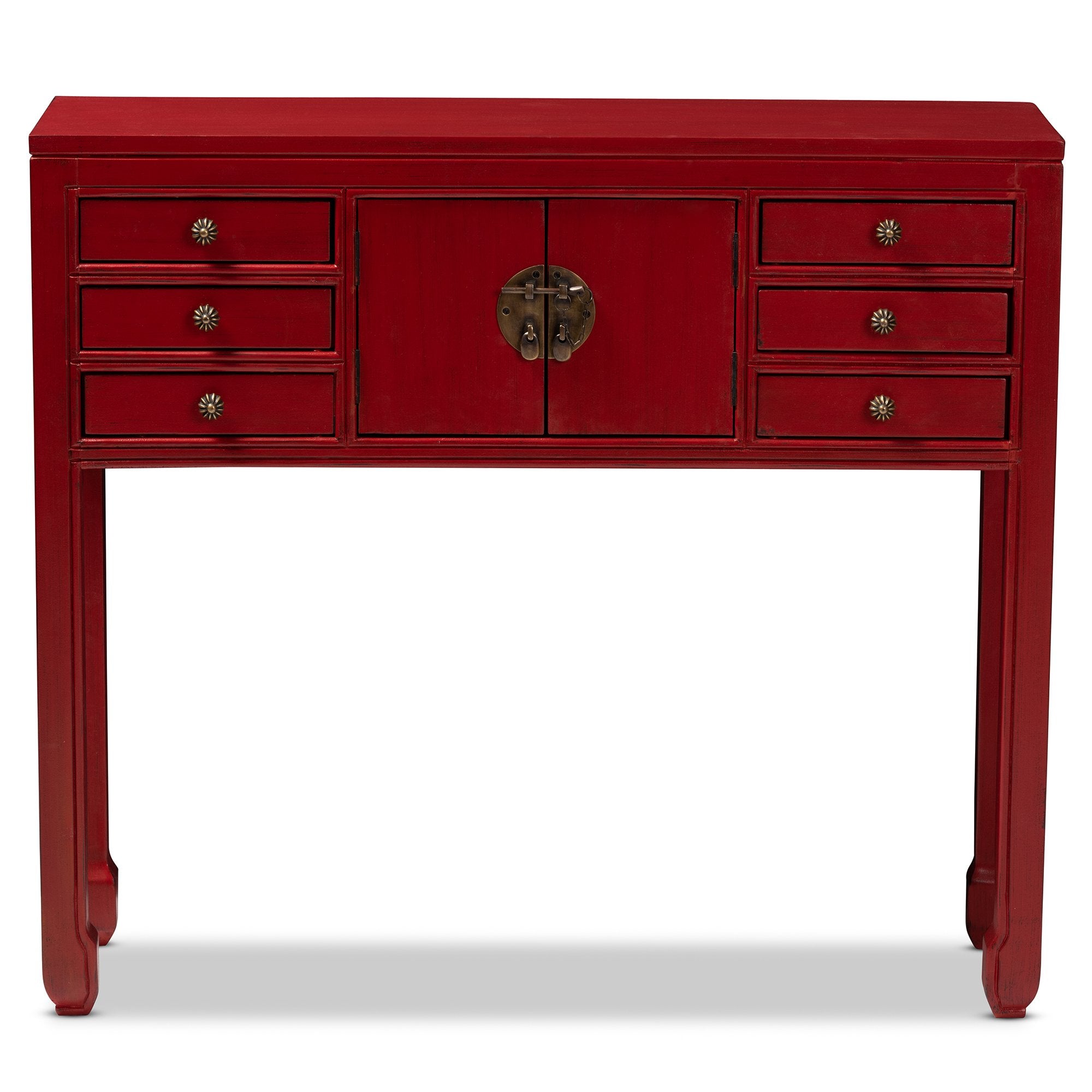 Baxton Studio Melodie Classic and Antique Red Finished Wood Bronze Finished Accents 6-Drawer Console Table