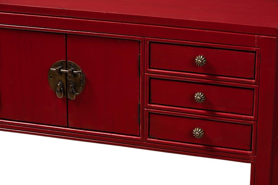 Baxton Studio Melodie Classic and Antique Red Finished Wood Bronze Finished Accents 6-Drawer Console Table