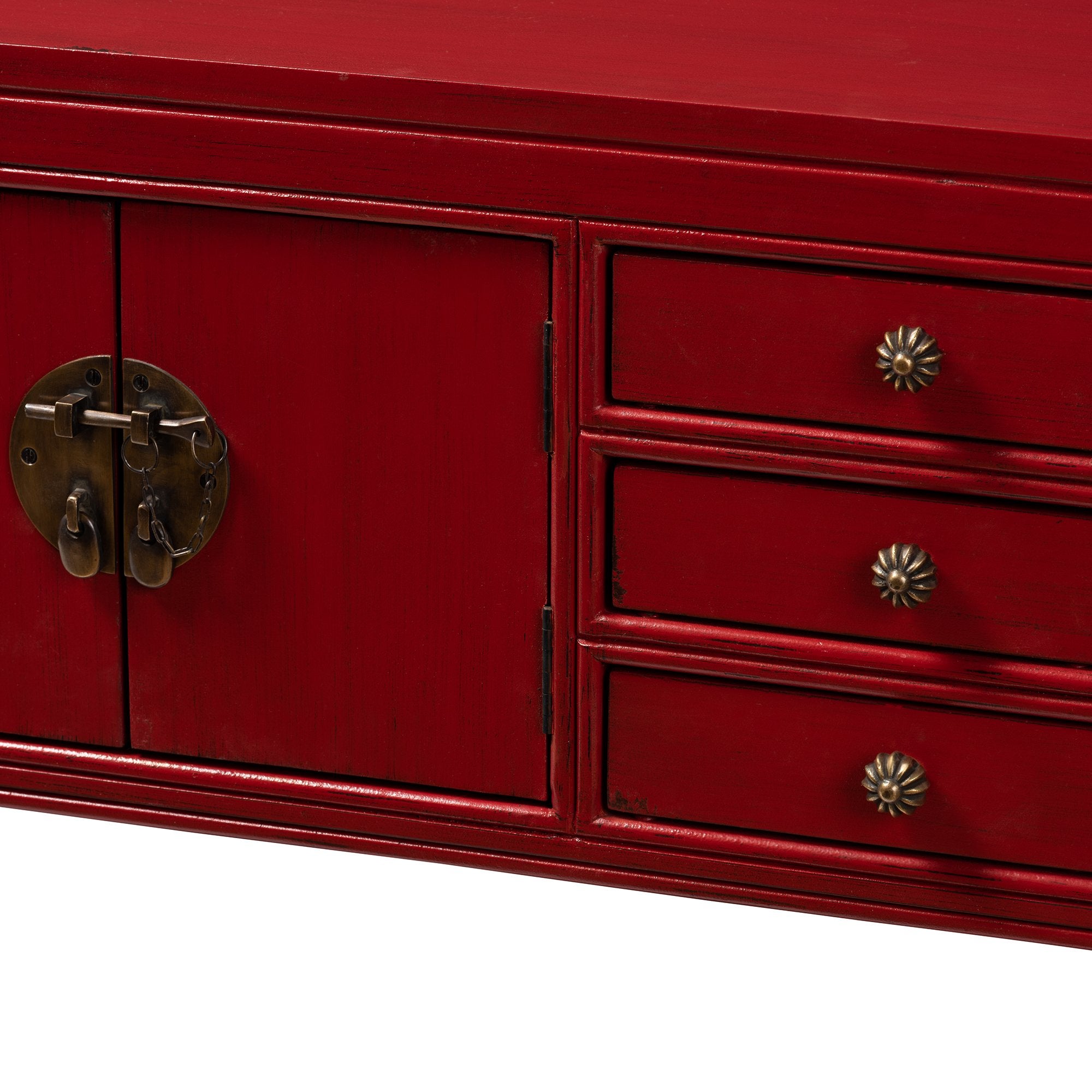 Baxton Studio Melodie Classic and Antique Red Finished Wood Bronze Finished Accents 6-Drawer Console Table