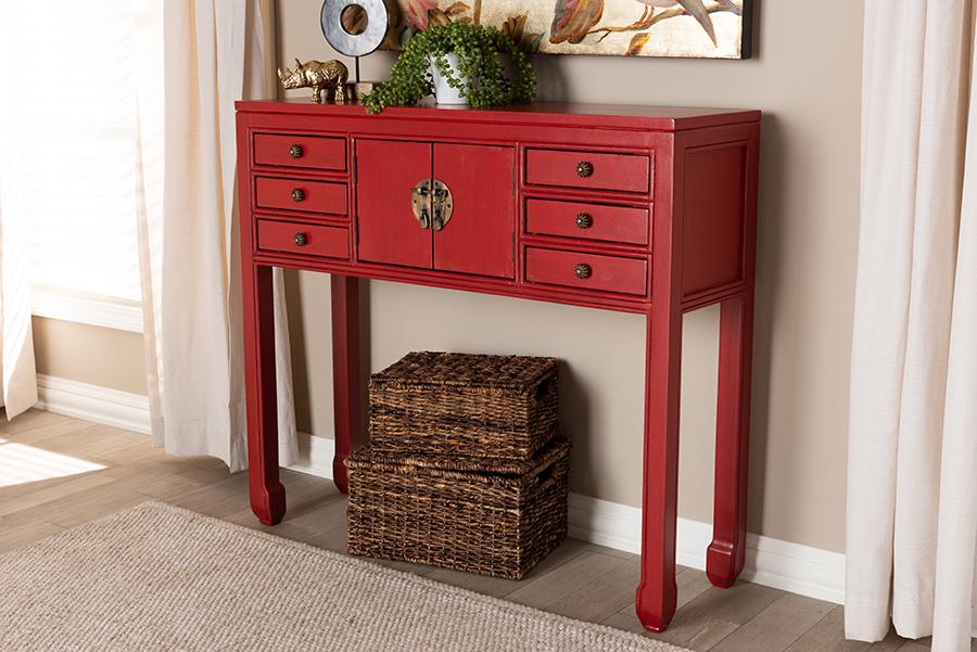 Baxton Studio Melodie Classic and Antique Red Finished Wood Bronze Finished Accents 6-Drawer Console Table