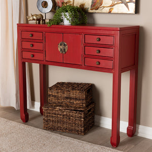 Baxton Studio Melodie Classic and Antique Red Finished Wood Bronze Finished Accents 6-Drawer Console Table