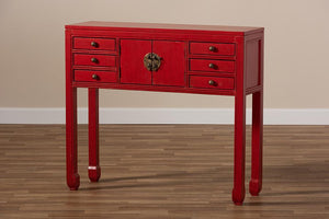 Baxton Studio Melodie Classic and Antique Red Finished Wood Bronze Finished Accents 6-Drawer Console Table