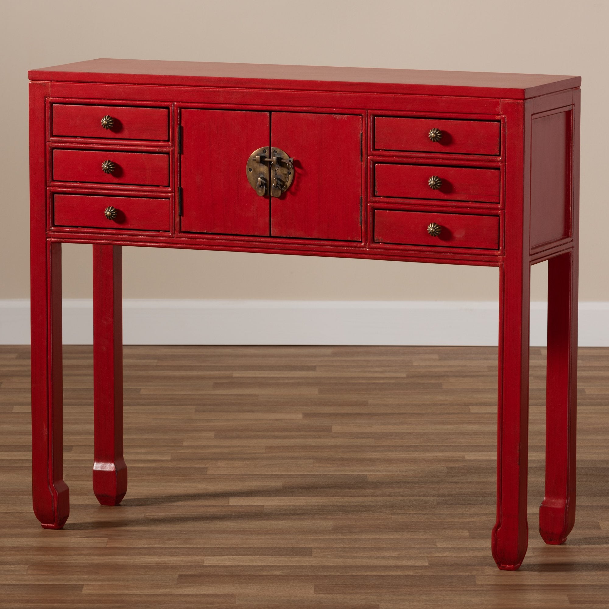 Baxton Studio Melodie Classic and Antique Red Finished Wood Bronze Finished Accents 6-Drawer Console Table