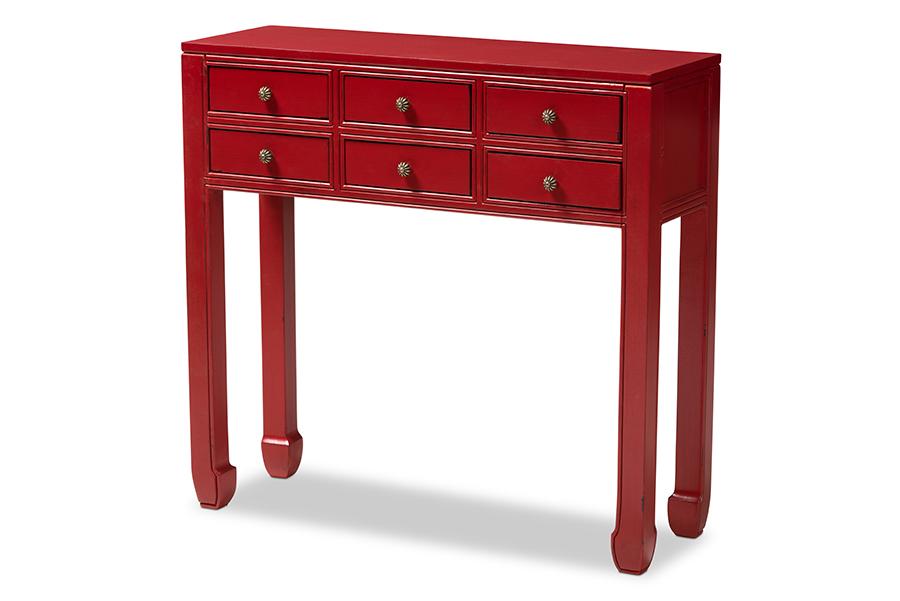 Baxton Studio Pomme Classic and Antique Red Finished Wood Bronze Finished Accents 6-Drawer Console Table