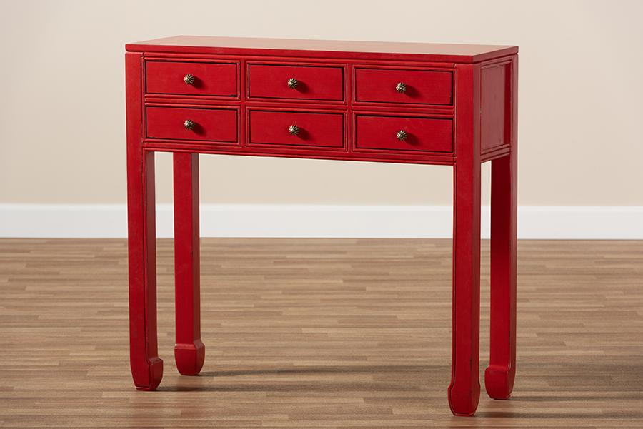 Baxton Studio Pomme Classic and Antique Red Finished Wood Bronze Finished Accents 6-Drawer Console Table