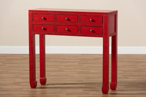 Baxton Studio Pomme Classic and Antique Red Finished Wood Bronze Finished Accents 6-Drawer Console Table