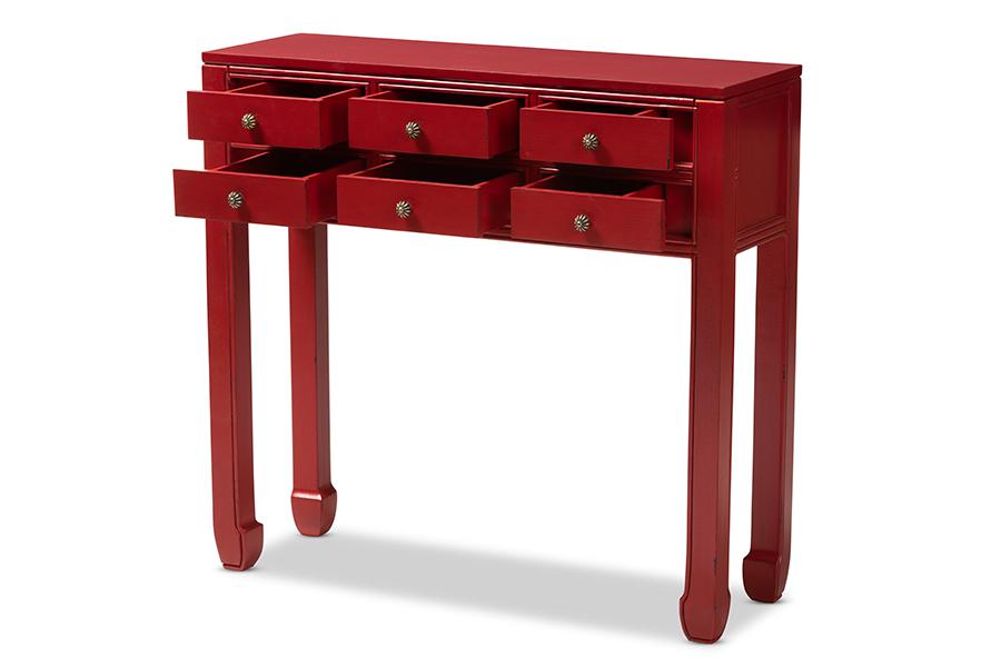 Baxton Studio Pomme Classic and Antique Red Finished Wood Bronze Finished Accents 6-Drawer Console Table