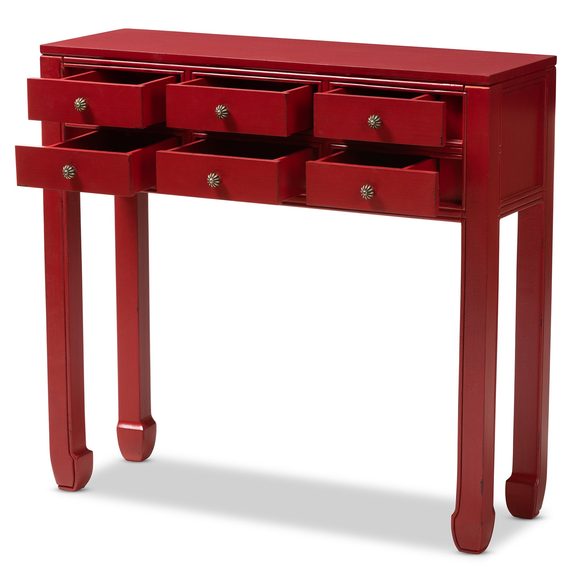 Baxton Studio Pomme Classic and Antique Red Finished Wood Bronze Finished Accents 6-Drawer Console Table