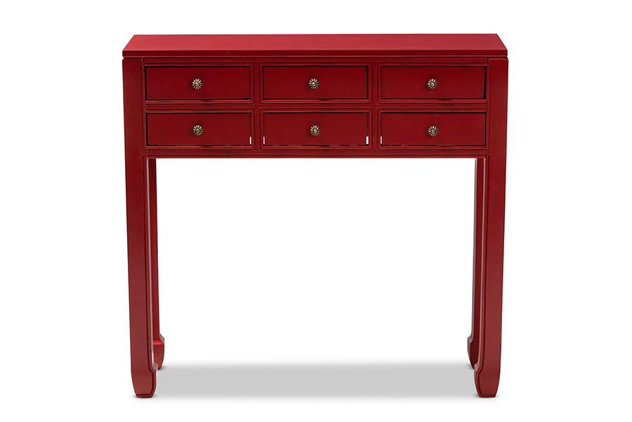 Baxton Studio Pomme Classic and Antique Red Finished Wood Bronze Finished Accents 6-Drawer Console Table