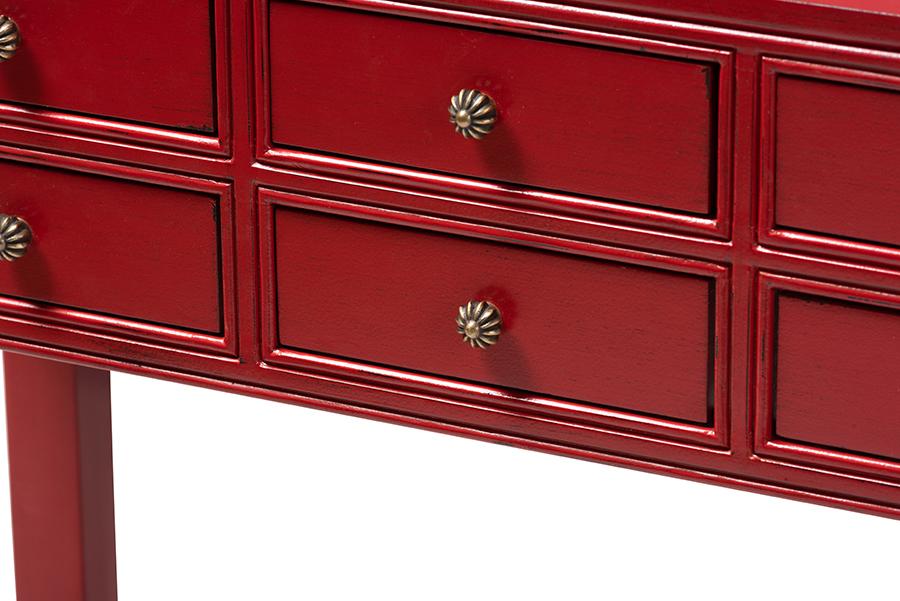 Baxton Studio Pomme Classic and Antique Red Finished Wood Bronze Finished Accents 6-Drawer Console Table