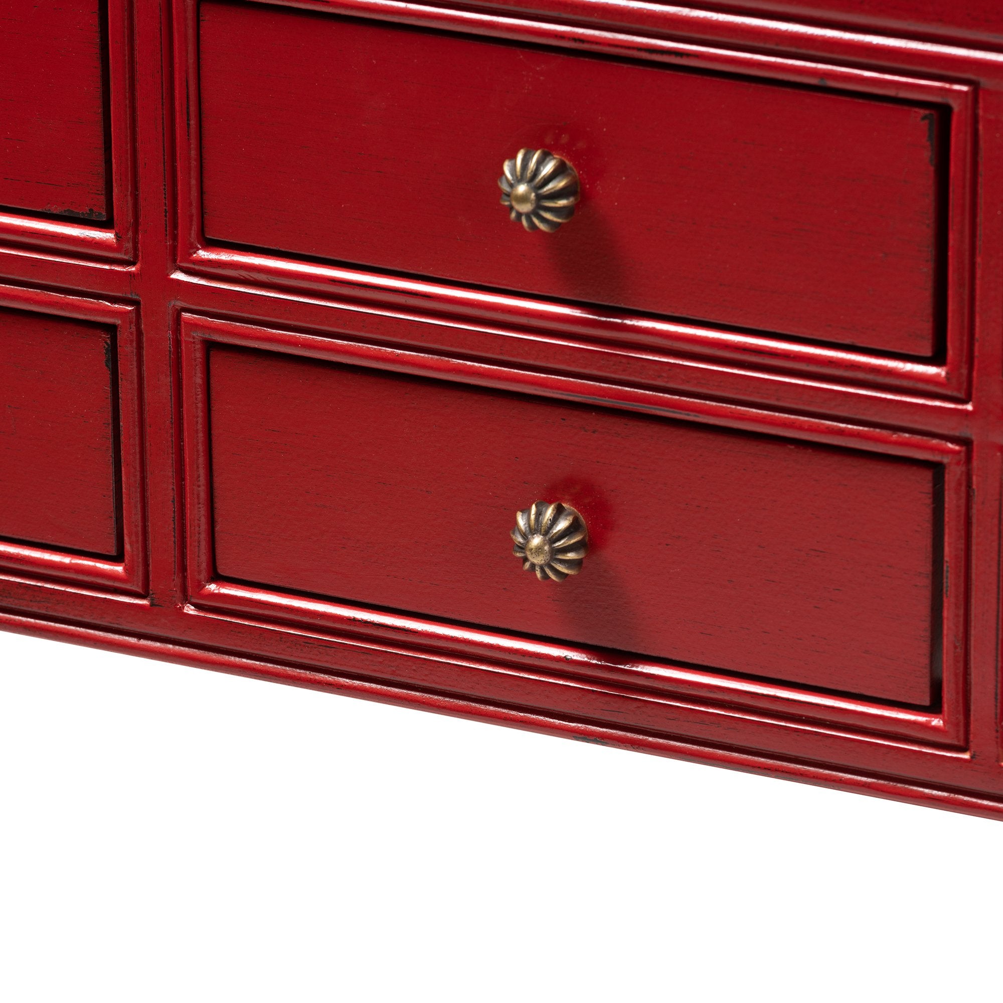 Baxton Studio Pomme Classic and Antique Red Finished Wood Bronze Finished Accents 6-Drawer Console Table