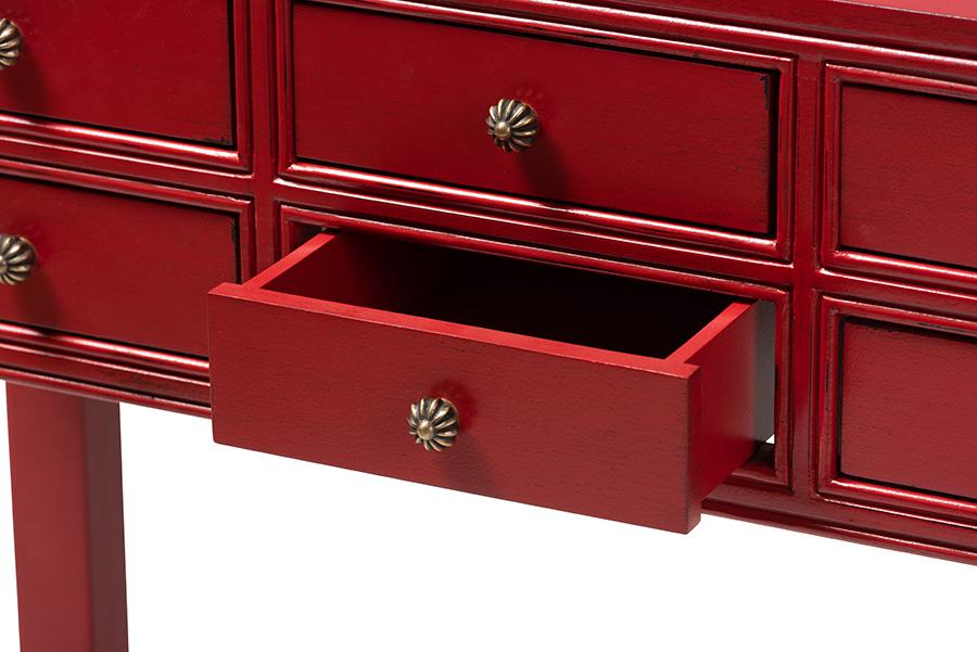 Baxton Studio Pomme Classic and Antique Red Finished Wood Bronze Finished Accents 6-Drawer Console Table