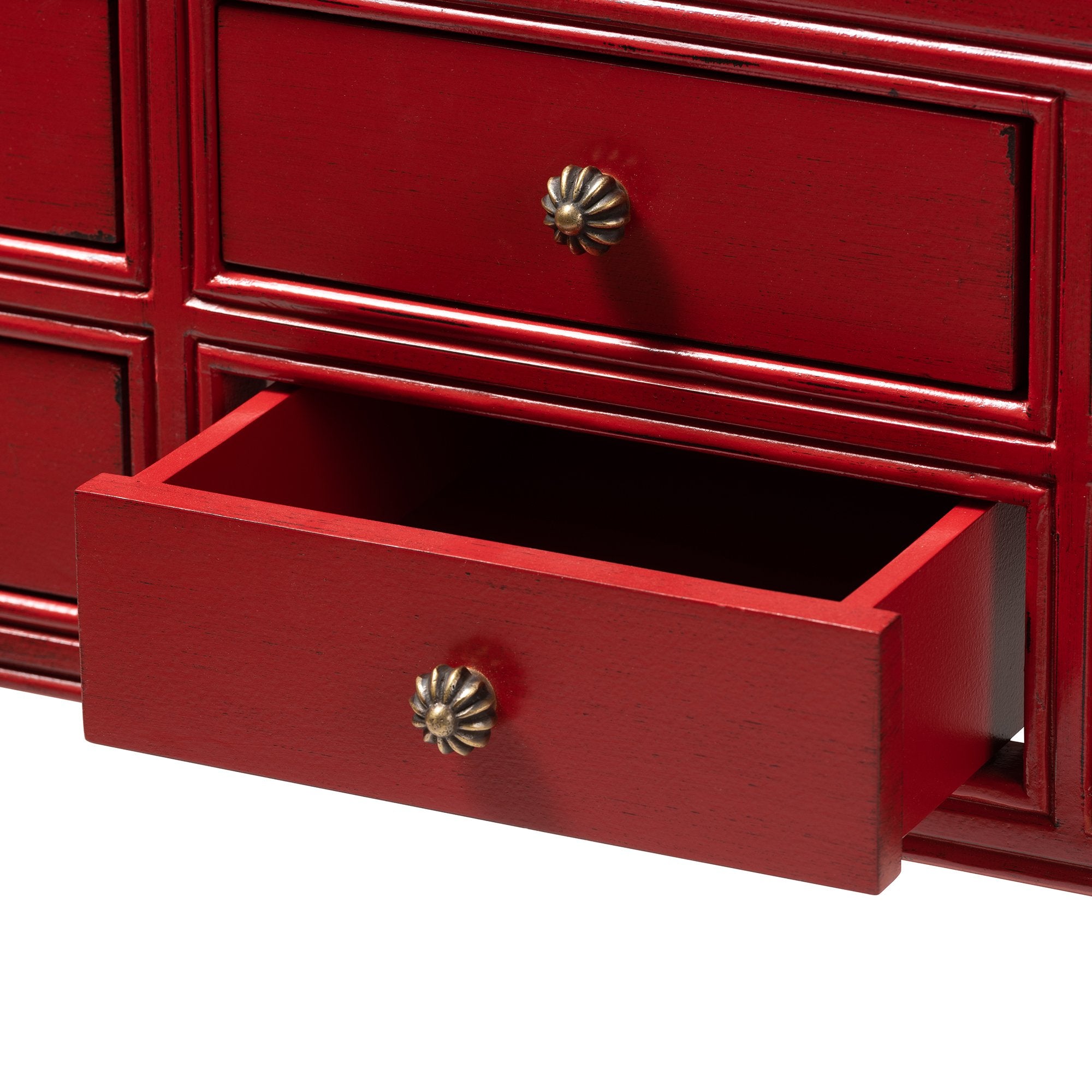 Baxton Studio Pomme Classic and Antique Red Finished Wood Bronze Finished Accents 6-Drawer Console Table