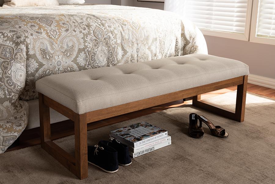 Baxton Studio Caramay Modern and Contemporary Light Beige Fabric Upholstered Walnut Brown Finished Wood Bench