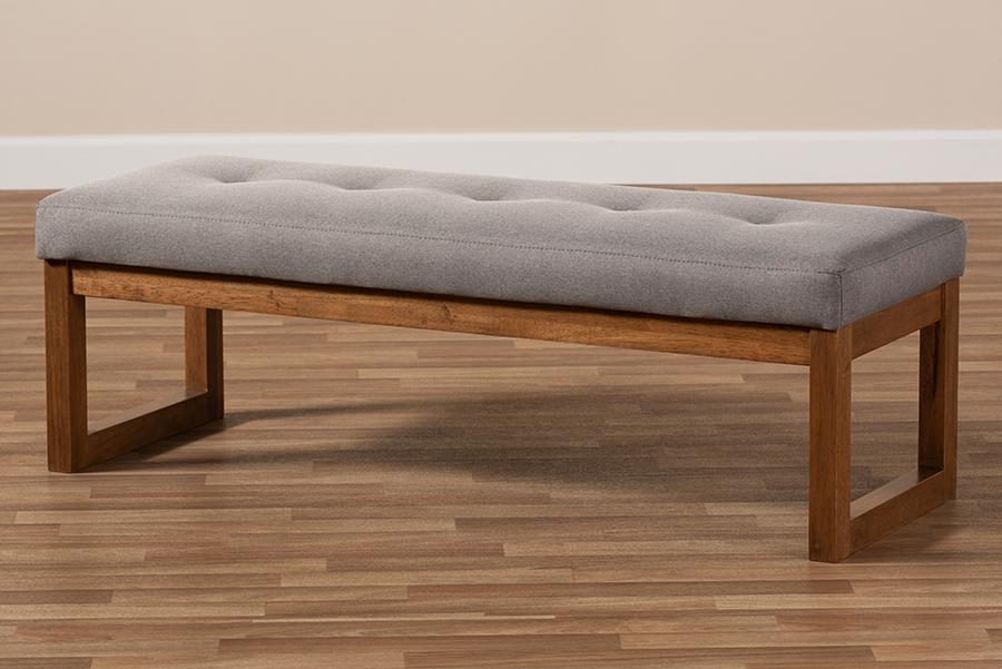 Baxton Studio Caramay Modern and Contemporary Grey Fabric Upholstered Walnut Brown Finished Wood Bench