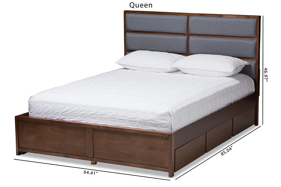 Baxton Studio Macey Modern and Contemporary Dark Grey Fabric Upholstered Walnut Finished Queen Size Storage Platform Bed