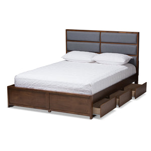 Baxton Studio Macey Modern and Contemporary Dark Grey Fabric Upholstered Walnut Finished Queen Size Storage Platform Bed