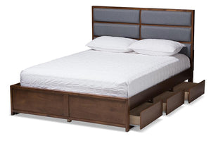 Baxton Studio Macey Modern and Contemporary Dark Grey Fabric Upholstered Walnut Finished Queen Size Storage Platform Bed