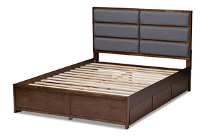 Baxton Studio Macey Modern and Contemporary Dark Grey Fabric Upholstered Walnut Finished Queen Size Storage Platform Bed