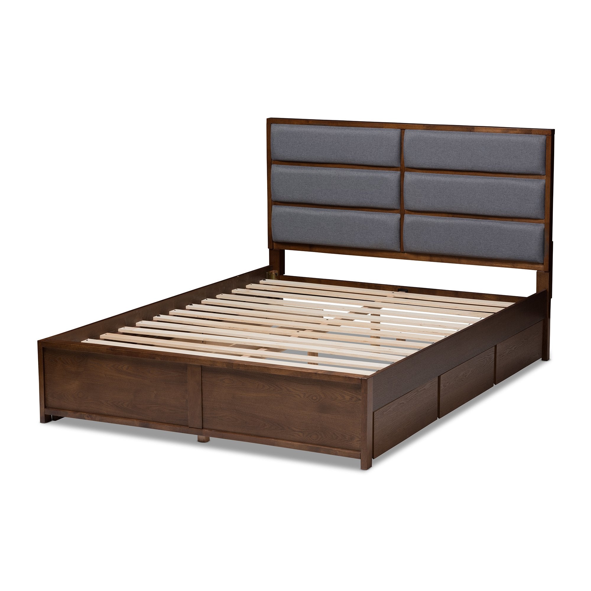 Baxton Studio Macey Modern and Contemporary Dark Grey Fabric Upholstered Walnut Finished Queen Size Storage Platform Bed