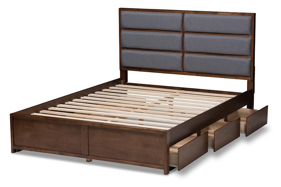 Baxton Studio Macey Modern and Contemporary Dark Grey Fabric Upholstered Walnut Finished Queen Size Storage Platform Bed